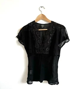 Vintage Laura Ashley Black Sheer Lace Gothic Beaded Chiffon Blouse Top UK 12 - Picture 1 of 7