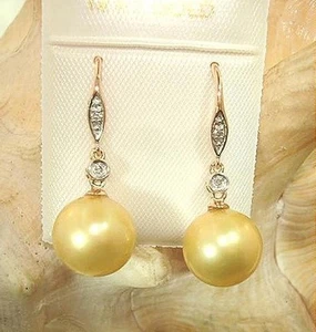 10mm Cultured Freshwater Golden Pearl 0.04Ct Diamond 14k Rose Gold Hook Earrings - Picture 1 of 3