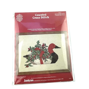 Janlynn Cross Stitch Red Headed Duck Christmas Holly 12x9 in. Vintage 1984 - Picture 1 of 6