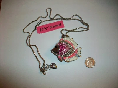 Betsey Johnson Crystal Pink & White Fish Necklace - NWT - Signed - Image 1 of 4