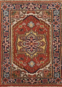 Orange/ Navy Blue Heriz Serapi Indian Accent Rug 2x3 Handmade Geometric Wool Rug - Picture 1 of 17