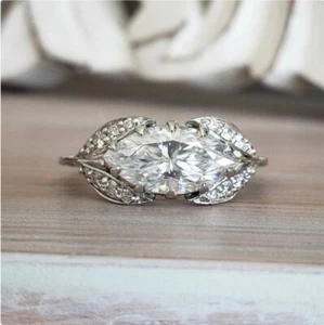 East To West Sterling Silver Moissanite Halo Marquise Cut Wedding Ring For Her - Picture 1 of 6