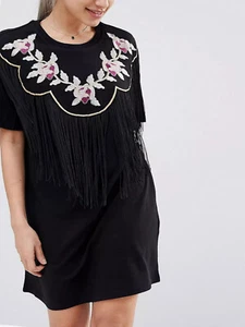 EX ASOS Black Pure Cotton Embroidered Fringe Detail T-Shirt Dress 12, 14, 16, 18 - Picture 1 of 8