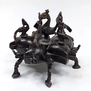 Vtg Brass Peacock 5 Compartment Spice Tikka Powder Holder with Elephant Feet 3" - Picture 1 of 11