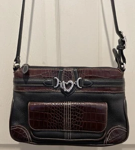 Bolso Bandolera Organizador Brighton Beatrice Negro Marrón Cocodrilo Repujado Cuero Guijarro - Imagen 1 de 14