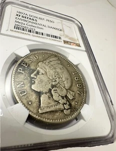 1897 🇩🇴DOMINICAN REPUBLIC 🇩🇴 1 PESO. XF DETAILS. NATURAL TONED APPEAL. - Picture 1 of 4