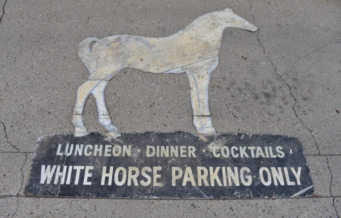 BIG Early Hand Painted Metal White Horse Advertising Sign Cocktails Lunch Dinner Cover