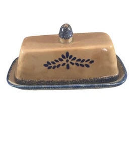 Stoneware Covered butter Dish Blue Tan Grey Handle Vintage Rare - Picture 1 of 5