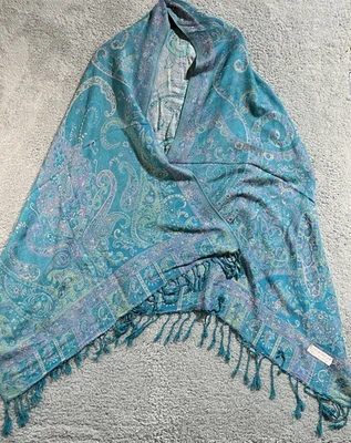 Cachemira 90% Seda 10% Paisley Mantón Verde azulado Lavanda Amarillo Flecos Bufanda 72X27 Foto 1 de 4