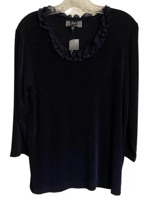 Slinky Brand Women’s Size M Blouse Top Black Ruffle Neck Goth Stretchy - Image 1 of 4