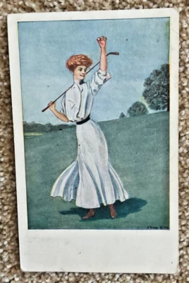 1909 *LADY GOLFISTA* CARTÃO POSTAL HTF GOLFISTA EARLY WOMAN - VESTIDO DA MODA ENVIADO POR CORREIO 1909 - Imagem 1 de 2