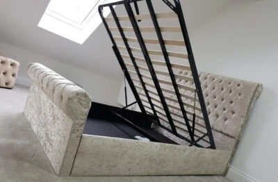 Stylish Crushed Velvet Ottoman Sleigh Bed, Storage Bed, Ottoman Bed in All Sizes - Image 1 of 2