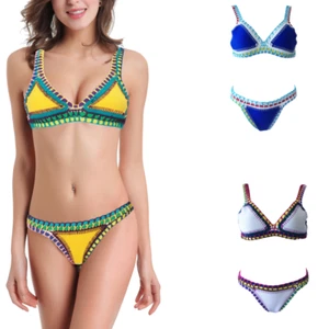Women Crochet Bikini Set Neoprene Bikini Surf Swimwear Two Piece Bathing Suit - Picture 1 of 23
