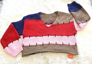 CIDER Cropped Sweater Womens Size 4XL Striped Red Pink Long Sleeve Heavy Knit - Picture 1 of 10