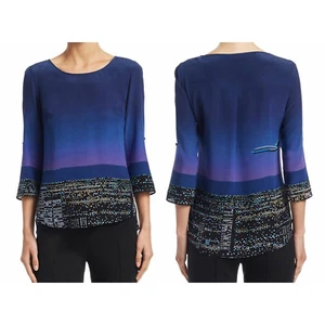 Akris Punto Twilight City Print Top Silk Blouse Purple Skyline Dots Airplane 8 - Picture 1 of 14