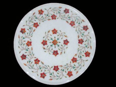 16" Marble coffee table top handmade inlay semi precious stones work table - Image 1 of 3