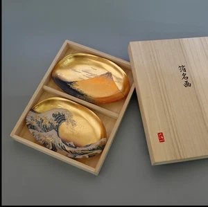 Gold Leaf Kanazawa Hakuichi Glass tray Red Fuji / Wave (Gold) Hand Made Japan - Bild 1 von 7