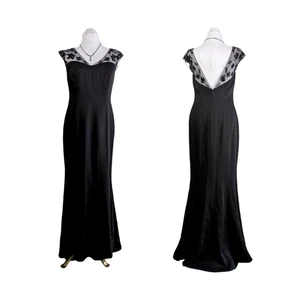 Maxikleid Abendkleid Satin transparent Perlen Meerjungfrau Abschlussball formell Perlen schwarz 10 - Bild 1 von 11