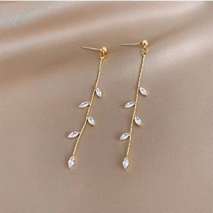 925 Sterling Silver Long Olive Leaf Dangle Drop Earrings Silver Tassel Earrings - Picture 1 of 9