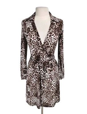Calvin Klein Women Real Wrap Mini Dress Size 8 Leopard Print V-Neck Long SL 284A - Image 1 of 4