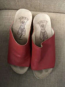 FLY London Red Leather Slides Comfort Sandals with Cork Rubber Soles 37/6.5-7 - Picture 1 of 6