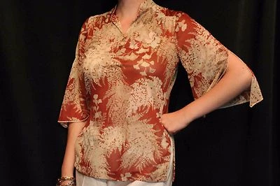 S~M SHEER BLOUSE Vtg 60s 70s  Split Sleeve Shirt  Top Boho Rust Floral Crochet - Image 1 of 4