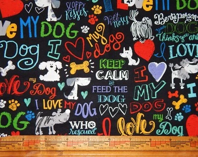 Colcha de algodão I Love My Dog words Timeless Treasures tecido preto 7/8+ jardas madeira - Imagem 1 de 2