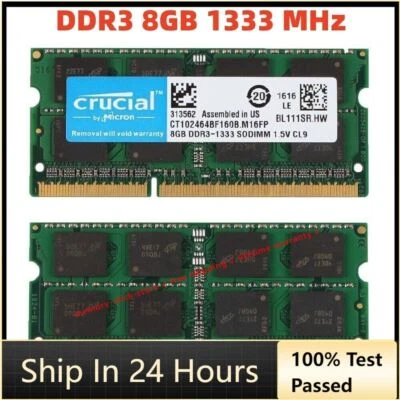 CRUCIAL DDR3 4GB 8GB 16GB 1333 PC3-10600 Laptop SODIMM 204-Pin Memory RAM 10600S - Image 1 of 4
