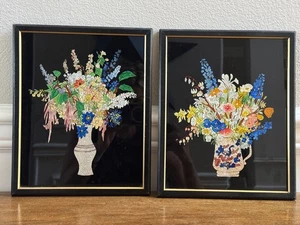 VINTAGE FOLK ART TINSEL REVERSE GLASS FLORAL PAINTINGS SET OF 2 FOIL ART - Picture 1 of 9