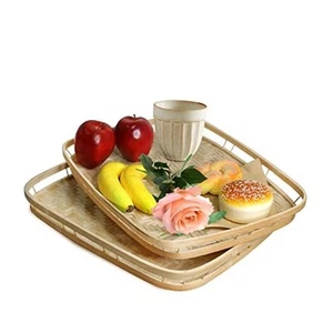 L-Sized Set of 2 Large Bamboo Wicker Serving Trays for Foods & Drinks, - Picture 1 of 7