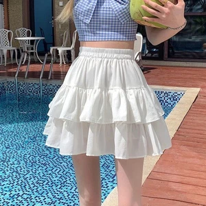 Falda plisada línea A blanca con volantes dulce falda en capas cintura elástica verano ajustada - Imagen 1 de 24