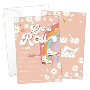 Let's Roller Skate Birthday Invitations 20 Count Daisy Rainbow Boys Girls - Picture 1 of 5