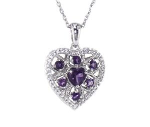 Amethyst Sapphire Heart Necklace Sterling Silver 18" in Box