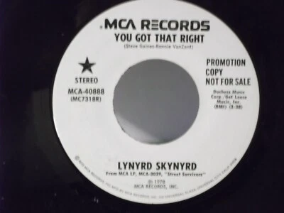 Lynyrd Skynyrd,MCA 40888,"You Got That Right"US,7"45,PROMO,1978, southern rock,M - Image 1 of 2