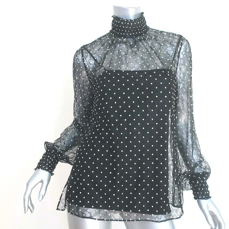 Blusa Akris Punto Lunares Encaje Negra Talla 4 Manga Larga Cuello Alto Top Foto 1 de 4