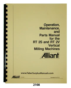 Manual de operación, pintura y lista de piezas de fresadora Alliant RT2S y RT2V #2108 - Imagen 1 de 11