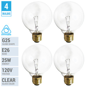 4 Pack 25G25/CL Incandescent Globe Bulbs 120V 25W G25 Medium E26 Dimmable Clear