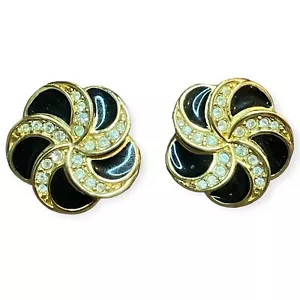 Swarovski Swan Crystal and Black Enamel Gold Tone Vtg Swirl Clip On Earrings - Picture 1 of 3
