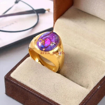 Lab Created Copper Turquoise Gemstone Gold Plated 925 Sterling Silver Ring #5913 - Image 1 of 4
