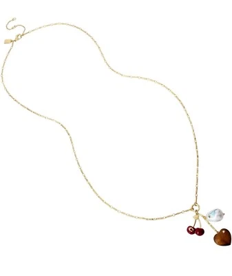 COACH Gold Tone Charm Pendant Necklace Cherry, Pearl, Tiger's Eye Heart 30” + 2” - Image 1 of 4