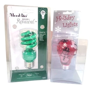 Holiday Lights Red Snowman Light Bulb + Green Mood-Lites Renewal Bulb Tested - Picture 1 of 18