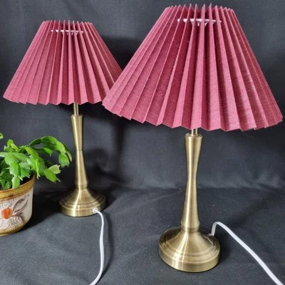 Pair Gold Table Lamps Burgundy Pleated Lampshades Classic - Image 1 of 4