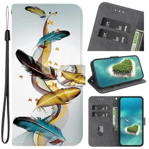 For iPhone Samsung Huawei Feather Card Wallet Case Bag Flip Stand Cover Magnetic - Picture 1 of 15