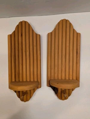 VTG Set Of 2 Hand Crafted Wooden Candle Holder Figurine Shelf Wall Hanging  - Image 1 of 4