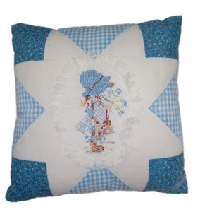 Vintage 70s Cottagecore Pillow Holly Hobbie Embroidered Blue Patchwork 13x13 - Picture 1 of 6