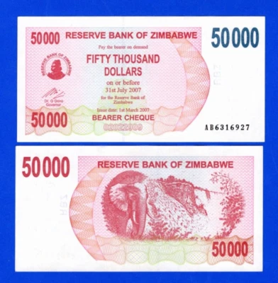 Zimbabwe 50,000 Dollars 2007 P-47 Bearer Cheque ( Extra Fine + ) - Image 1 of 3