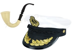 CAPTAIN HAT PIPE SET HUGH HEFNER FANCY DRESS STAG DO SAILOR ADULT COSTUME - Picture 1 of 1