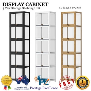 5 Tier Display Cabinet Storage Shelves Bamboo Clear Door Bookshelf Rack Bookcase - Picture 1 of 28