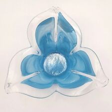 Murano Art Glass Bowl Dish Clear & Blue 3 Petal Handmade Swirl Wavey Marbled 8"D