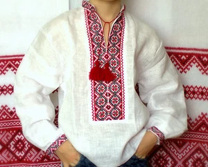 Ukrainian HAND Embroidered kid boy VYSHYVANKA LINEN white SHIRT red black 6T - Picture 1 of 2